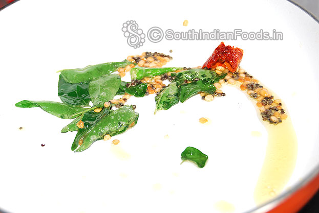 Add curry leaves, green chilli & dry red chilli saute
